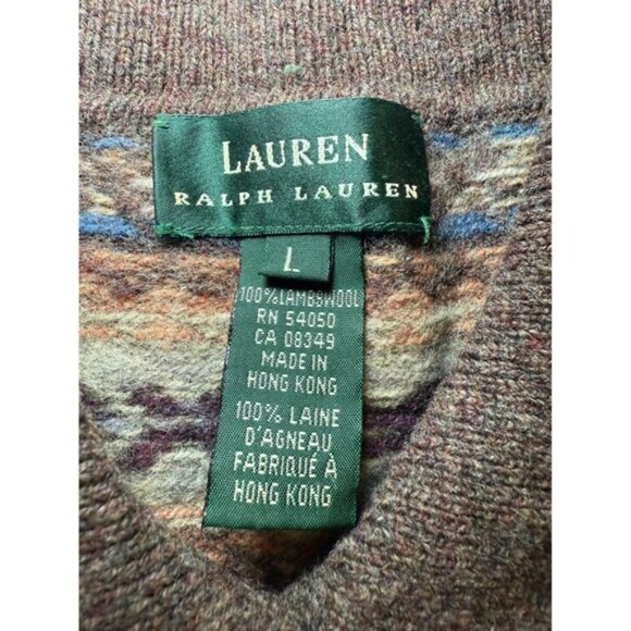 Lauren Ralph Lauren Womens Large Brown 100% Lambswool Fair Isle Cardigan Sweater - Picture 3 of 8